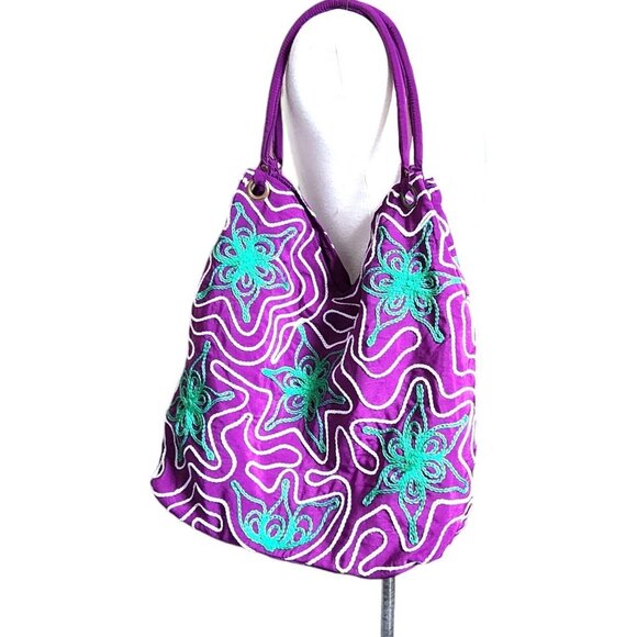 Boho Embroidered Handbag Purse Floral‎ Applique Purple Zipper - Picture 1 of 16